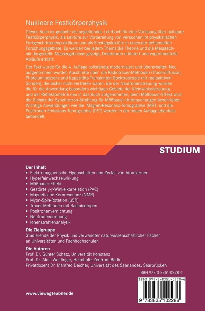 Weitere Ansicht: Nukleare Festkörperphysik | Günter Schatz, Alois Weidinger, Manfred Deicher