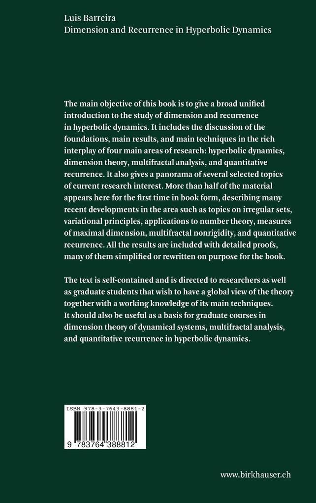 Weitere Ansicht: Dimension and Recurrence in Hyperbolic Dynamics | Luis Barreira