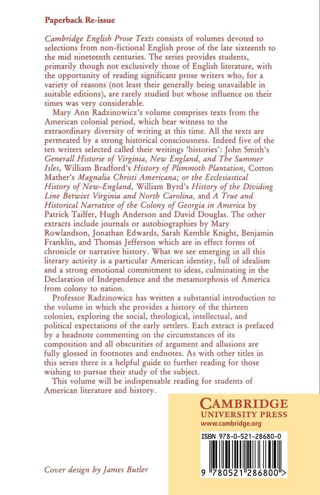 Weitere Ansicht: American Colonial Prose