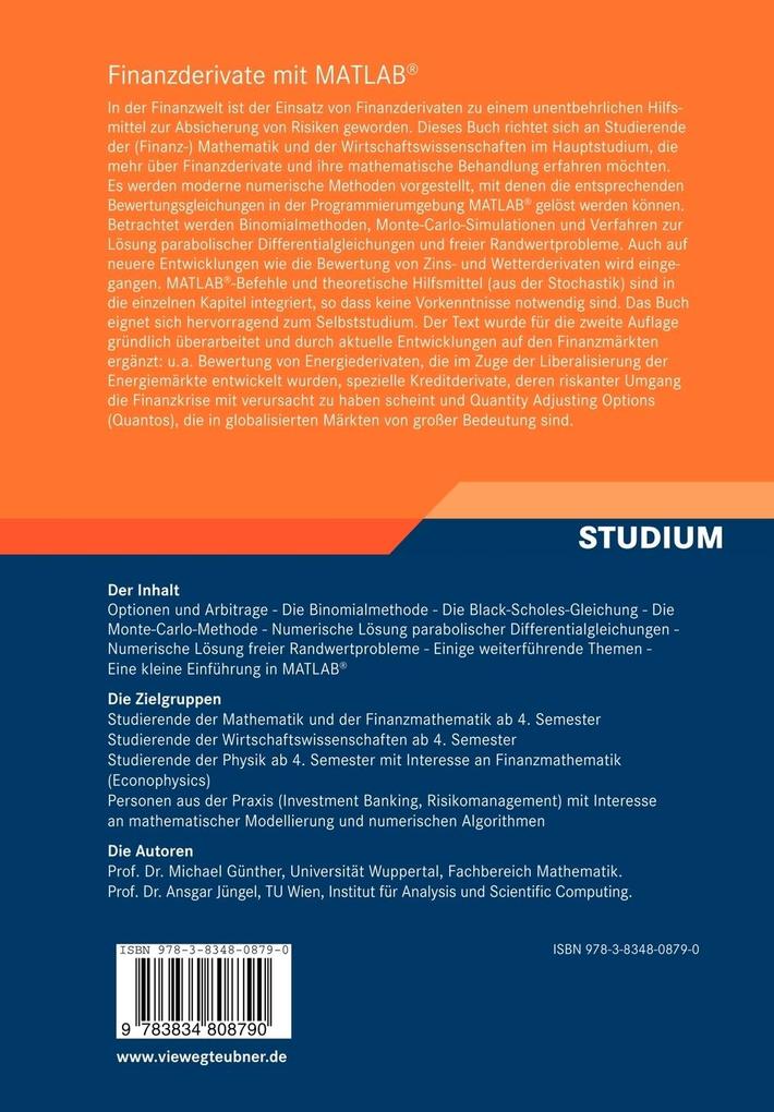 Weitere Ansicht: Finanzderivate mit MATLAB | Michael Günther, Ansgar Jüngel